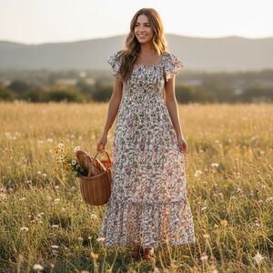 Cleobella Anika Pink Purple Floral Organic Cotton Voile Maxi Dress Size Medium